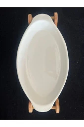 Ahşap Standlı Seramik Fırın Kabı - Ahşap Standlı Salata Kasesi Dikdörtgen Fırın Tepsisi - 2