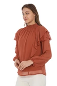 Omuz Fırfırlı Yaka Gipeli Şifon Bluz 6001-Taba - 2