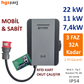 Power Elektronik Mobil 22kW-11kW-7,4kW Elektrikli Araç Şarj İstasyonu-Rfid Kart- Okut Çalıştır - 1