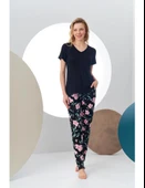 Pjs 24168 Kadın Kısa Kollu V Yaka Desenli Pijama Takım - 1