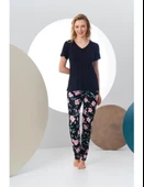Pjs 24168 Kadın Kısa Kollu V Yaka Desenli Pijama Takım - 4