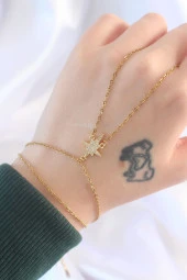 316L Çelik Gold Renk Zirkon Taşlı Kutup Yıldızı Tasarımlı Şahmeran - 1