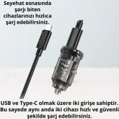 Coofbe HC Super Şarj USb Type-C Girişli Ve İphone Şarj Kablolu PD30W Araç Şarjı Araç Çakmaklık Hızlı Şarj Aleti - 4