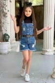 Kız Çocuk Boğazlı Yaka Tişört, Askılı Cep Detaylı Kot Şort Tulum thumbnail 3
