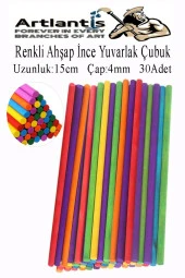 Renkli İnce Ahşap Yuvarlak Çubuk 15 cm 30 lu 1 Paket Okul Öncesi Sınıf Tasarım Etkinlik Hobi - 1