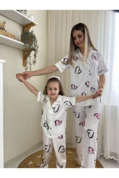 Anneler Günü kombini kalpli anne-kız pijama partisi saten (FİYAT BİR TAKIM İÇİN GEÇERLİDİR) - 3