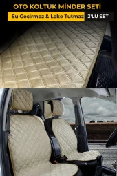 Su Geçirmez & Terletmez Sırtlı Oto Koltuk Minder Seti-Koltuk Koruma Kılıfı (3'Lü Set)-Bej thumbnail 1