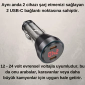 Coofbe Super Şarj  Dijital Göstergeli Çift Type-C Girişli PD60W Araç Şarjı Araç Çakmaklık Hızlı Şarj - 4