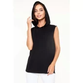 Lucky Life Unisex Kapşonlu Kolsuz Düz Oversize T-shirt - Siyah - 2