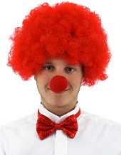 Kırmızı Renk Kıvırcık Afro Bonus Peruk Takma Saç ve Kırmızı Burun Seti - 1