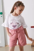 Pembe Çiçek Baskılı Kuşaklı Şortlu Kız Çocuk Takım 18899 - 2