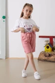 Pembe Çiçek Baskılı Kuşaklı Şortlu Kız Çocuk Takım 18899 - 3
