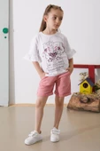 Pembe Çiçek Baskılı Kuşaklı Şortlu Kız Çocuk Takım 18899 - 5