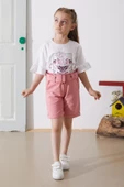 Pembe Çiçek Baskılı Kuşaklı Şortlu Kız Çocuk Takım 18899 - 1
