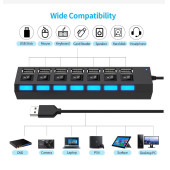 QASUL 7 Port Usb Çoklayıcı Hub Anahtarlı Aç/kapa Düğmeli Işıklı Taşınabilir Usb Güç Adaptörü - 3
