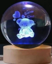 Dekoratif Ayıcık Tasarımlı Ahşap altlıklı Işıklı Cam Küre Büyük Boy Cam:8cm Ahşap:2cm - 1