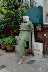 Larisa Cep Detaylı Bürümük İncili Tunik Pantolon Taşlı İkili Takım - 71121.005 - Haki - 2