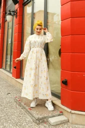 Ritim Çiçek Desenli Keten Elbise - 71100.007 - Sarı - 1