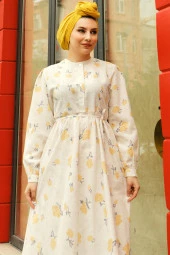 Ritim Çiçek Desenli Keten Elbise - 71100.007 - Sarı - 4