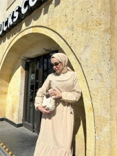 Edna Yakası Nakış Detaylı Elbise - 71094.026 - Bej - 1