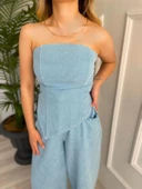 Kadın Yıkamalı Gabardin Kumaş Straplez Bustiyer Ve Pantolon İkili Takım thumbnail 5