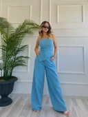 Kadın Yıkamalı Gabardin Kumaş Straplez Bustiyer Ve Pantolon İkili Takım thumbnail 1