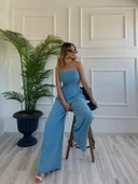 Kadın Yıkamalı Gabardin Kumaş Straplez Bustiyer Ve Pantolon İkili Takım thumbnail 4