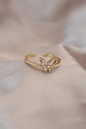Ayarlamalı Altın Renk Metal Zirkon Taş ve Kristal Taşlı Kelebek Model Yüzük - TJ-BYK2053 - 1
