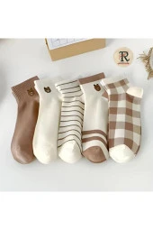 5 Çift Sevimli kahve Desenli Kadın/kız çorap dikişli ayak bileği düşük kesim genç Çorabı  36-40 thumbnail 7