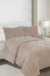 Ece Stripe Çift Kişilik Pelüş Yatak Örtüsü Bej thumbnail 1