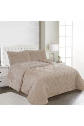 Ece Stripe Çift Kişilik Pelüş Yatak Örtüsü Bej thumbnail 2