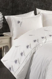 Palmiye Nakışlı %100 Pamuk Çift Kişilik Nevresim Takımı Gri thumbnail 1