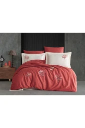 Root Nakışlı %100 Pamuk Saten Çift Kişilik Nevresim Takımı Kiremit thumbnail 2