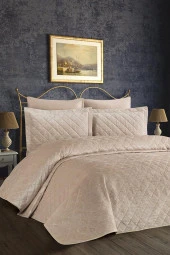 Dessert Kadife Çift Kişilik Yatak Örtüsü Bej thumbnail 2