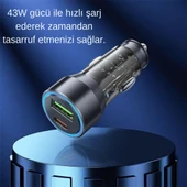 Polham HC 43W 1x Type-C 1x USB Girişli ve 1mt Type-C to İphone Lightning Kablolu Araç Şarjı,Akım,Voltaj,Isı Korumalı - 7