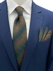 Brianze Yeşil Açık Kahve Mavi Şal Desen Kravat Mendil Set - 1