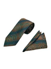 Brianze Yeşil Açık Kahve Mavi Şal Desen Kravat Mendil Set - 2