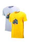 Erkek Bisiklet Yaka Mevsimlik Göğüs Baskılı Mavi Sarı 2'li Set T-Shirt thumbnail 1