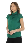 Yaka Drape Detaylı Saten Bluz 01-Yeşil - 2