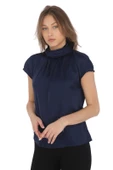 Yaka Drape Detaylı Saten Bluz 01-Lacivert - 2