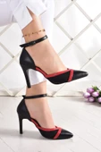 Erkan Saçmacı Liana Siyah Kırmızı Vegan Fileli Sivri Burun Klasik İnce Topuklu Ayakkabı thumbnail 1