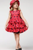 Kız Çocuk Kat Kat Fırfırlı Etek Ucu Tüllü Üzeri Üzeri Benekli Kırmızı Elbise thumbnail 1