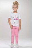 Kız Çocuk Unicorn Baskılı Tişört Boncuk İşlemeli Pembe Pantolon Alt Üst Takım - 1