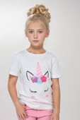 Kız Çocuk Unicorn Baskılı Tişört Boncuk İşlemeli Pembe Pantolon Alt Üst Takım - 2
