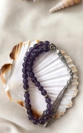 Tesbih 33 lük 8 mm Ametist Doğal Taşı Küre Kesim Tespih Namaz - 1