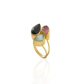 Kadir Jewellery 22 Ayar Altın Kaplama Zirkon Taşlı Ayarlanabilir Renkli Taşlı Yüzük - 1