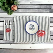 Çizgili Keten Yengeç Nakışlı Amerikan servis ve Çatal kaşıklık Sofra Servis Seti thumbnail 1