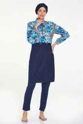 Rozamay 9287 Lacivert Desenli  Tam Kapalı Tasarım Tesettür Mayo thumbnail 1