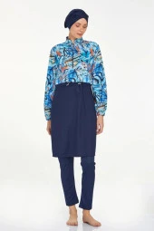 Rozamay 9287 Lacivert Desenli  Tam Kapalı Tasarım Tesettür Mayo thumbnail 2