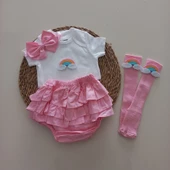 MARS BABY Kız Bebek Pembe Gökkuşaklı Fırfır Şort Etek Bodyli Çorap Takımı - 1